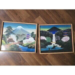 2 Vintage Chinese Waterfall Mountain Paintings on Silk Glass Bamboo Wood Frames